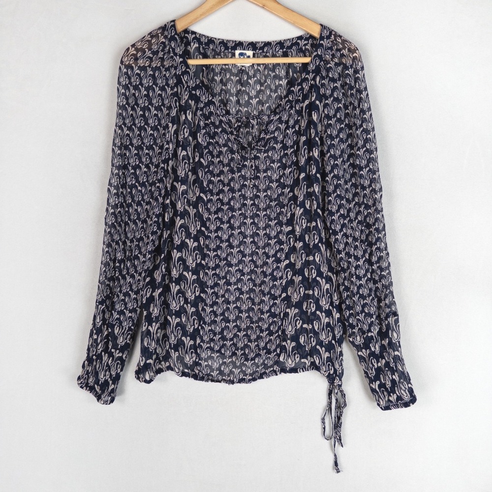 John Robshaw Lucky Brand Blouse One Size Navy Blue Boho Block Print Peasant